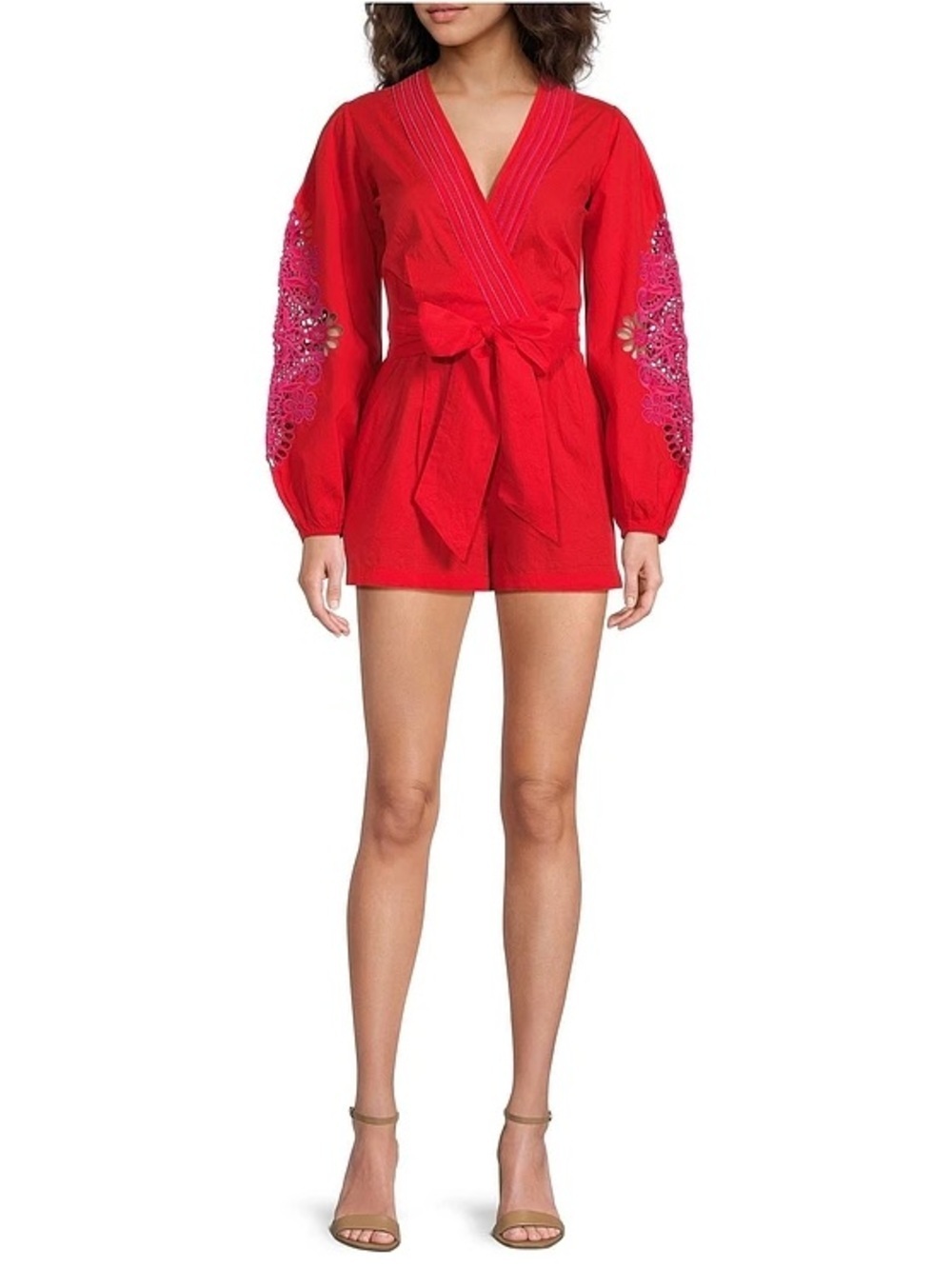 Chelsea & Violet Red Livvy Long Sleeve Romper with Purple Eyelet Detail Trim NWT - Picture 3 of 8